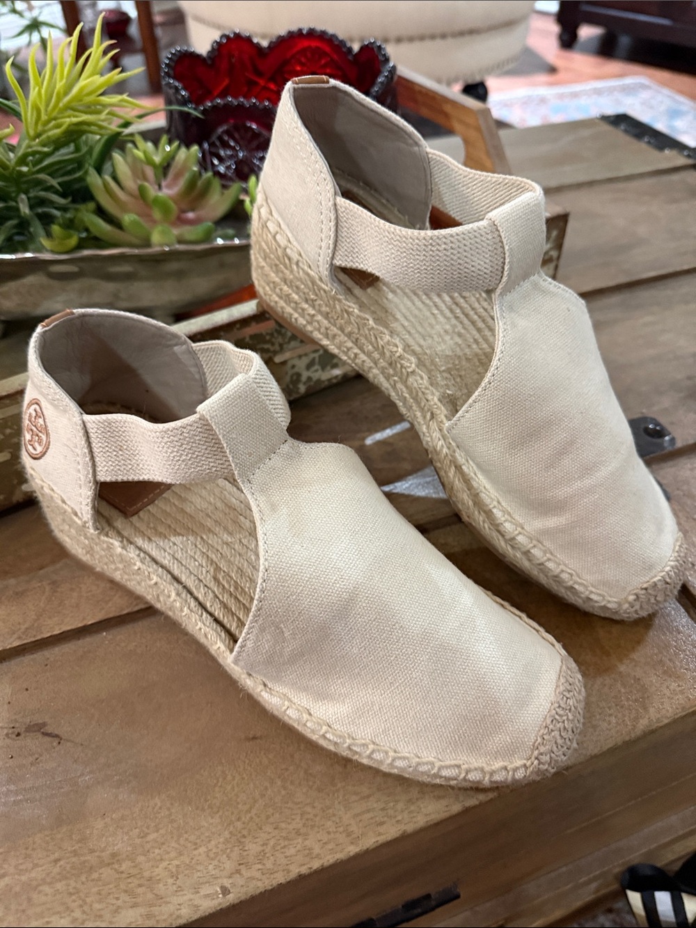 Tory Burch Cream Canvas Espadrille Wedge Sandals